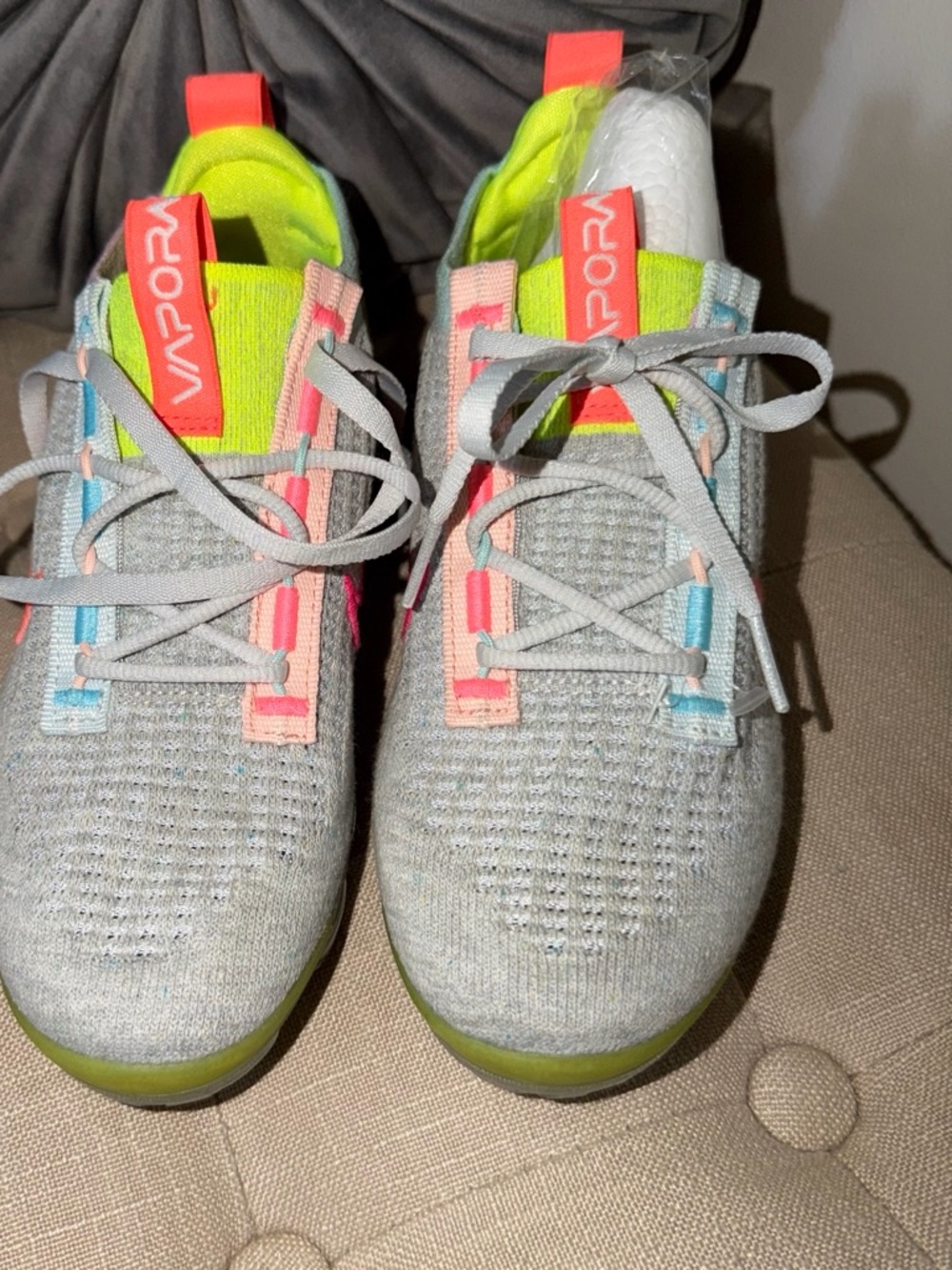 Vionic Gray Knit Sneakers with Neon Yellow, Pink & Blue Accents